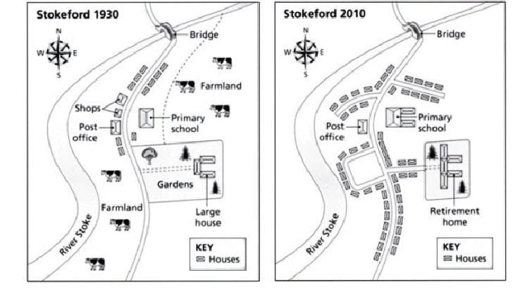 IELTS Academic Writing Task 1 Model Answer - Maps - Illustration on how the village Stokeford changed over an 80-year period.