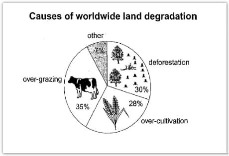 IELTS Academic Writing Task 1 Model Answer - Pie Chart and Table - The causes of land degradation worldwide and region-wide.
